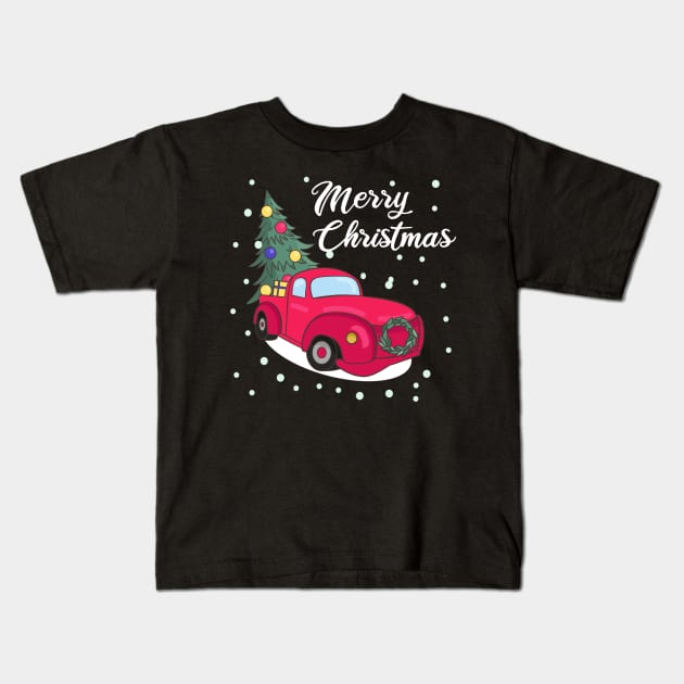 Merry Christmas Retro Vintage Red Truck Kids T-Shirt by Kimko